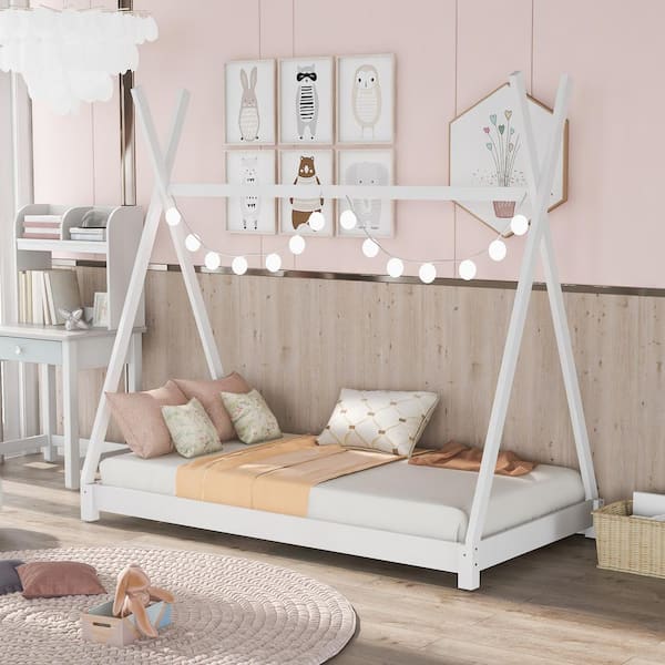 Polibi White Wood Frame Twin Size House Platform Bed with Triangle Structure