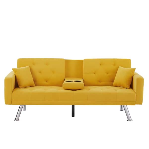 ANBAZAR 30.7 in. Linen Convertible Sofa Bed with Square Arm Armrests, 2 Cup Holders and Pillows-Yellow
