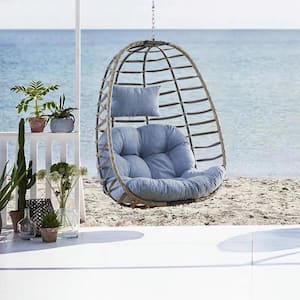Belize 1 Person Gray Wicker Porch Swing with Blue Cushion
