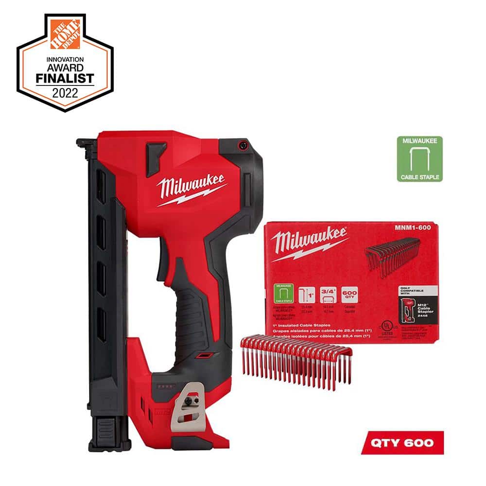 Milwaukee M12 12 Volt Lithium Ion Cordless Cable Stapler w/1 in. Insulated Cable  Staples 600 Per Box 2448-20-MNM1-600 The Home Depot