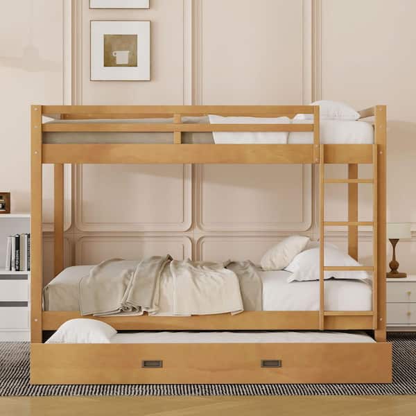 Wood Queen Over Queen Bunk Bed with Ladder and Trundle
