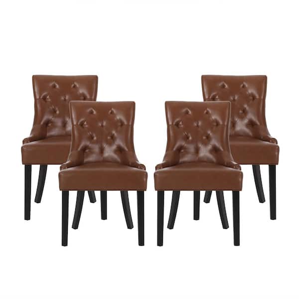 Noble House Will Cognac Brown Tufted Faux Leather Dining Chair (Set of 4)