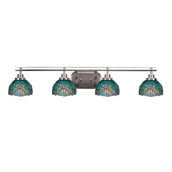 Unbranded Monroe 39.75 in. 4-Light Brushed Nickel Vanity-Light with 7 in. Turquoise Cypress Art Glass Shade No Bulbs Included