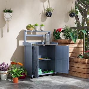 35.75 in. W x 49 in. H Gray Wooden Potting Bench with Storage Cabinet with 2-Shelves Galvanized Plated Tabletop