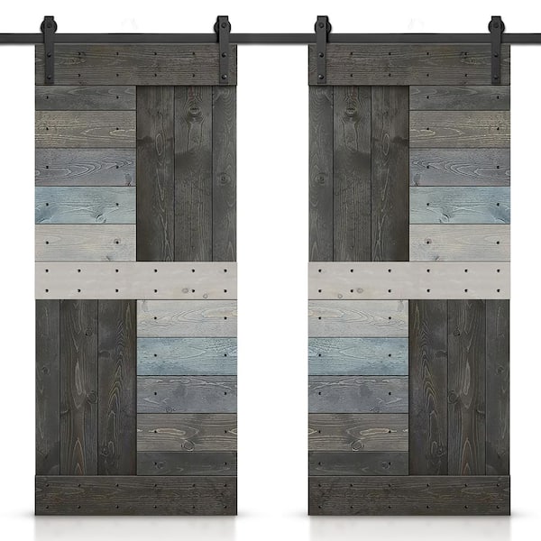 CALHOME 72 in. x 84 in. Muticolor Gray Stained DIY Knotty Pine Wood Interior Double Sliding Barn Door with Hardware Kit