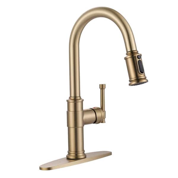 Brushed Gold 16.2 in. Single Handle Pull Down Sprayer Kitchen Faucet with 360° Spout Swivel in Stainless Steel