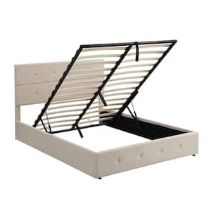 Beige 63 in. W Upholstered Queen Platform Bed with Gas Lift Up Storage Metal Platform Bed with Headboard and Wood Slats