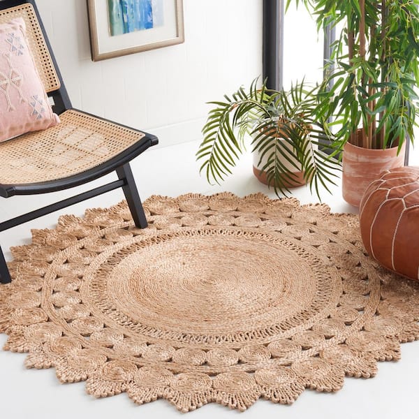 Natural Fiber Beige 5 ft. x 5 ft. Woven Floral Round Area Rug