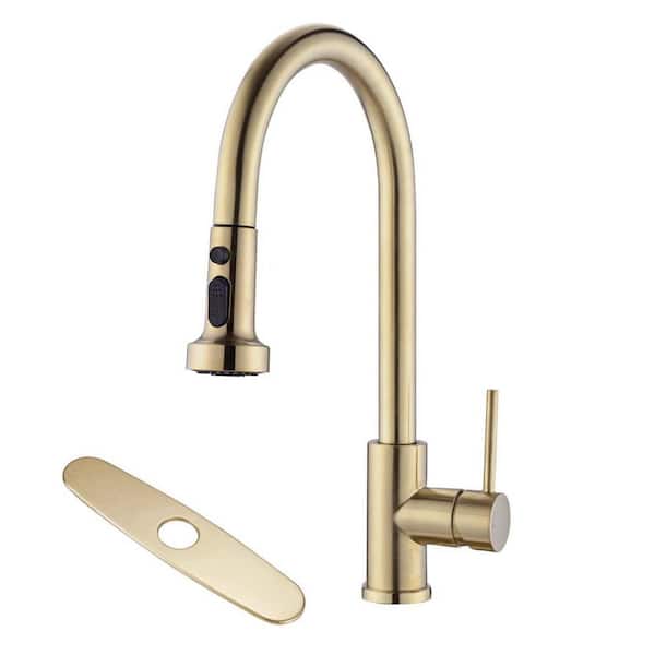 ABAD Single Handle Deck Mount Gooseneck Pull Down Sprayer Kitchen Faucet with Deckplate in Brushed gold