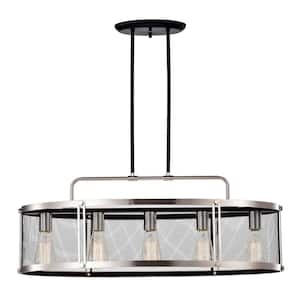 32 in. 5-Light Brushed Nickel and Black Oval Kitchen Island Chandelier with Mesh Drum
