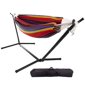 9 ft. 2-Person Free Standing Double Hammock Bed with Stand in Red, Purple, and Yellow Stripes