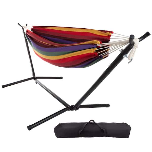 Unbranded 9 ft. 2-Person Free Standing Double Hammock Bed with Stand in Red, Purple, and Yellow Stripes