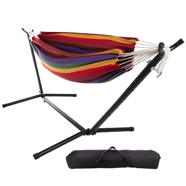 Pure Garden 9 ft. 2-Person Free Standing Double Hammock Bed with Stand in Red, Purple, and Yellow Stripes