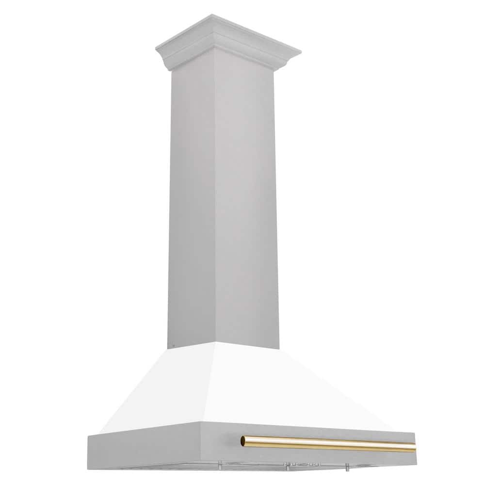 Autograph Edition 30 in. Convertible Satin Steel Wall Mount Range Hood with White Shell and Polished Gold Handle