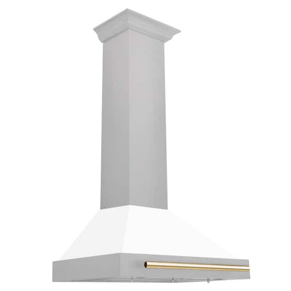 Autograph Edition 30 in. Convertible Satin Steel Wall Mount Range Hood with White Shell and Polished Gold Handle