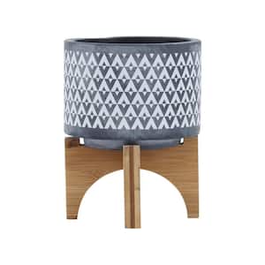 Container Height 6 in. Gray Ceramic Aztec Planter Pots with Wooden Stand