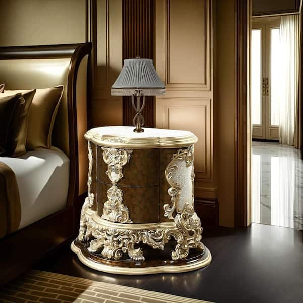 Benjara Mara Gold 2-Drawer 26 in. W Nightstand with Scrollwork