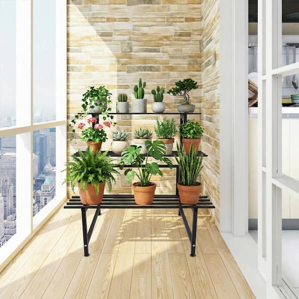 YIYIBYUS 3-Tier Black Metal Carbon Steel Freestanding Outdoor