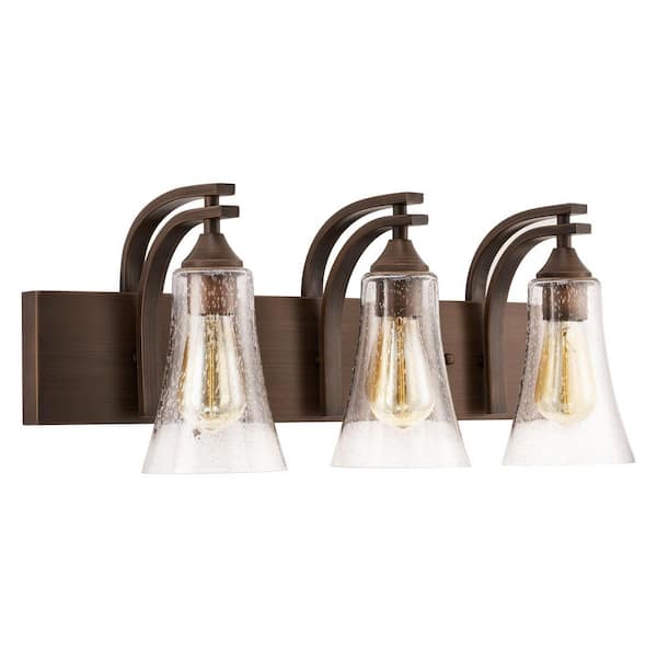 Merra 24 in. 3-Light Brushed Brown Vanity Light with Clear Seeded Glass Shades