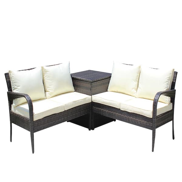 Unbranded 3-Piece Wicker Outdoor Furniture Sofa Set Loveseat with Storage Box Suitable for backyard terrace with beige Cushion