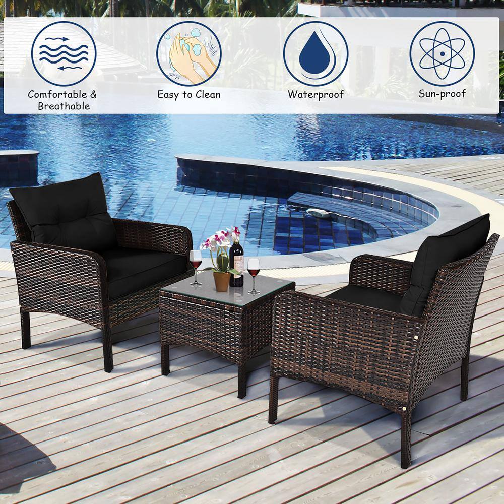 Black 3-Piece Rattan Outdoor Patio Conversation Set