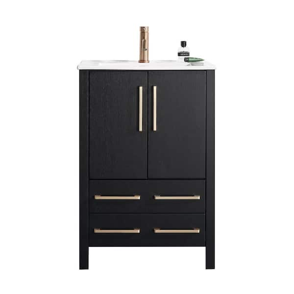 VC CUCINE 24 in. W x 18 in. D x 36 in. H Single Bathroom Vanities in Black Wood Grain with White Ceramic Sink