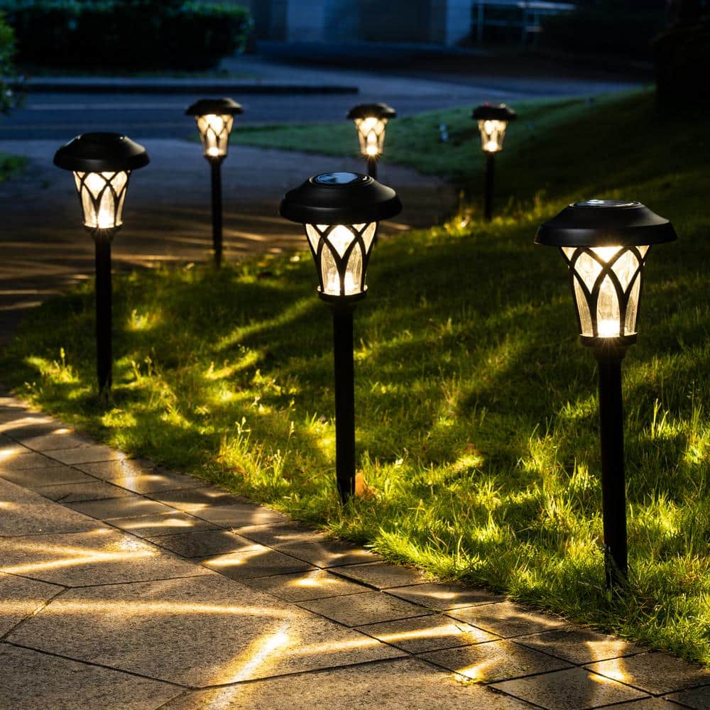 Black Glass and Metal Solar Pathway Lights, Warm White, 6-Pack