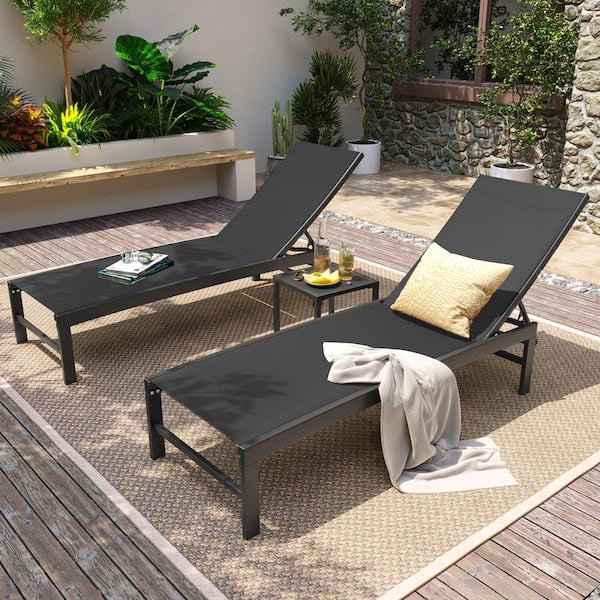 3-Piece Aluminum Adjustable Patio Outdoor Chaise Lounge in Black with Square Side Table