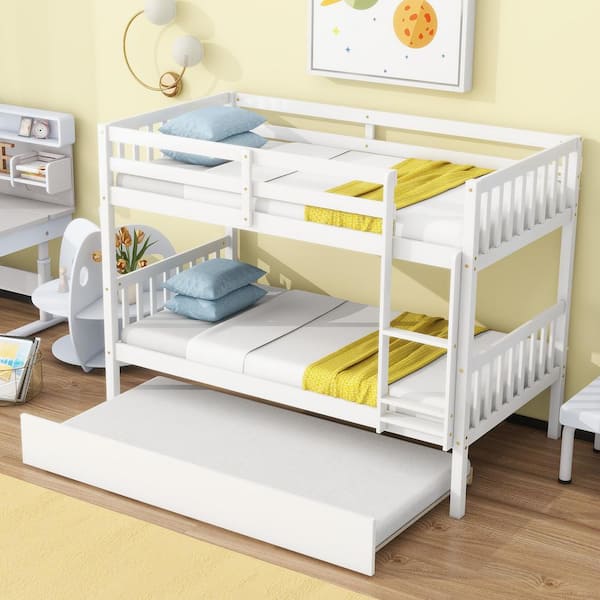 Harper & Bright Designs White Twin Over Twin Wood Bunk Bed with Trundle And Ladder