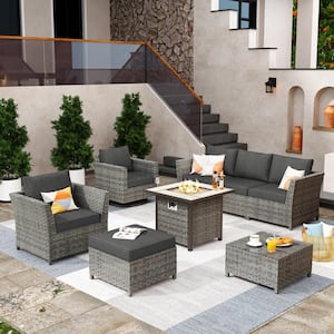 Fontainebleau Gray 8-Piece Wicker Outerdoor Patio Fire Pit Set with Black Cushions and Swivel Rocking Chairs