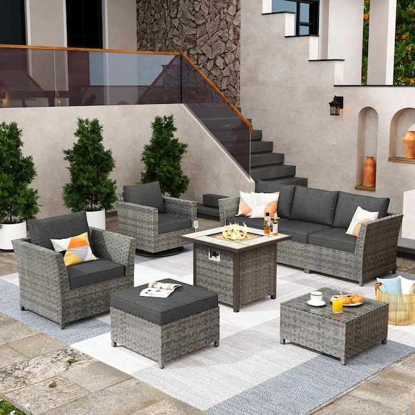 XIZZI Fontainebleau Gray 8-Piece Wicker Outerdoor Patio Fire Pit Set with Black Cushions and Swivel Rocking Chairs