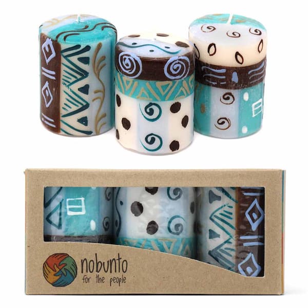 Unbranded Unscented Hand-Painted Blue Votive Candle Boxed Maji Design (Set of 3)