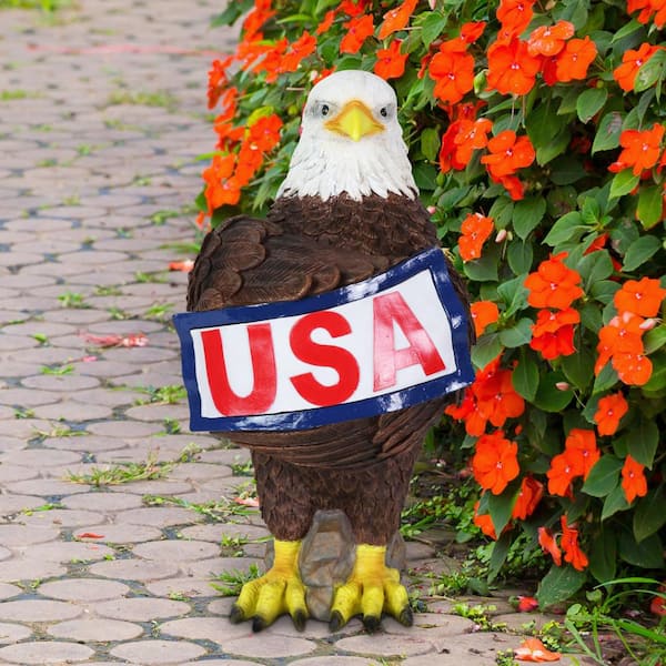 Solar Hand Painted Bald Eagle with Illuminating USA Sign Garden Statue