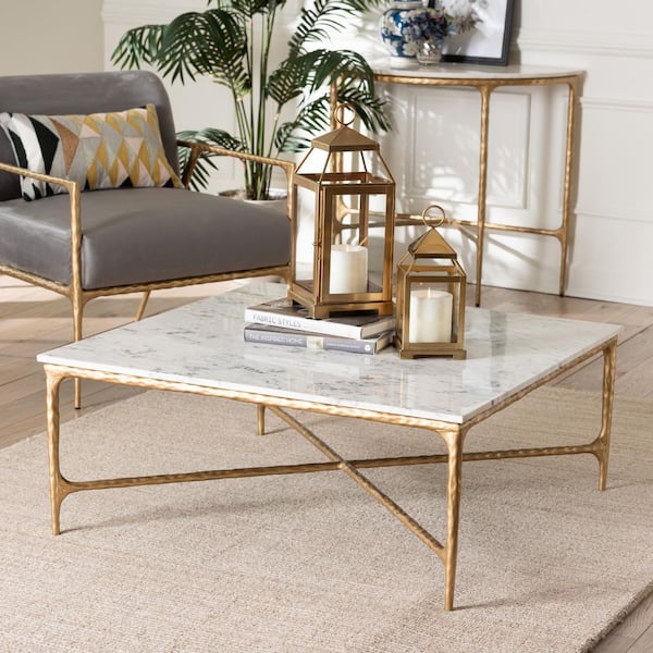 Akanji 36 in. White and Gold Square Marble Coffee Table