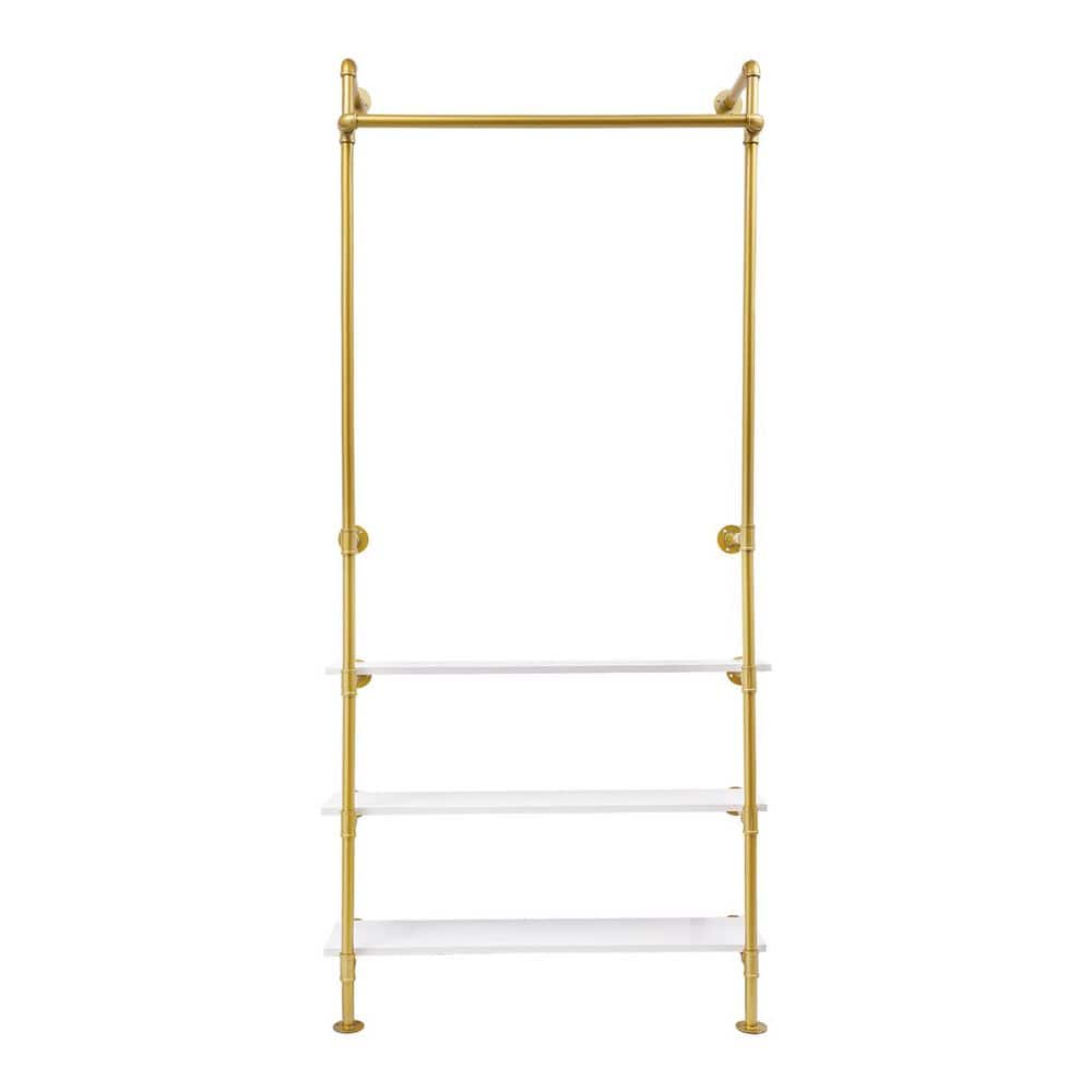 YIYIBYUS Gold Wall Mounted Iron Clothes Rack with 3 Wood Shelves 36.6 ...