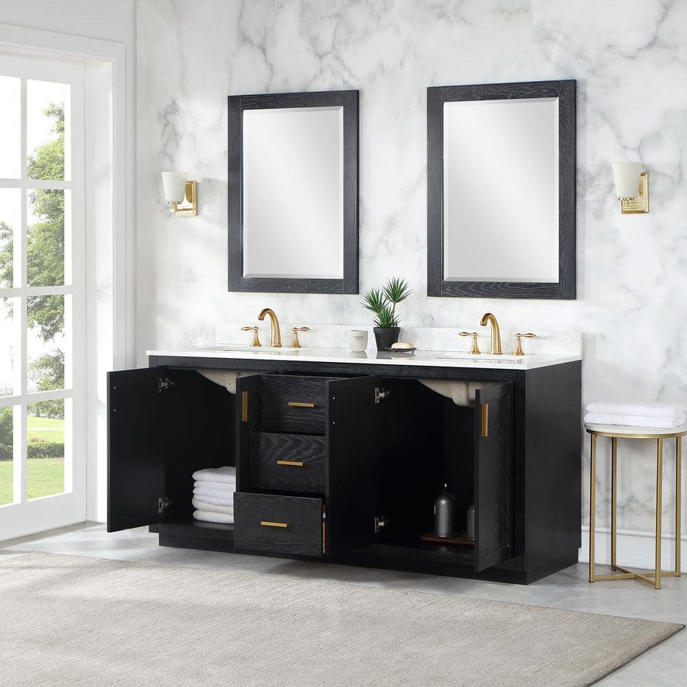 Gazsi 72" Black Oak Double Bathroom Vanity with Composite Stone Countertop