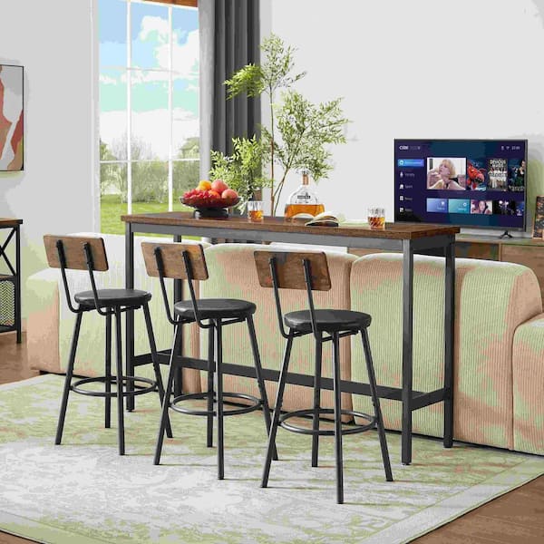 Rustic Brown 63 in. L x 15.7 in. W x 37.5 in. H Long Bar Table Set with 3 PU Upholstered Bar Stools
