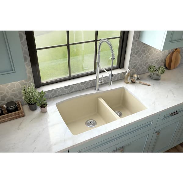 Karran Undermount Quartz Composite 33 in. 60/40 Double Bowl Kitchen Sink in Bisque