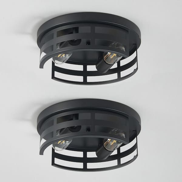 10.8 in. 2-Light Black Flush Mount Ceiling Light Fixture with Metal Caged Shade and No Bulbs Included (2-Pack)
