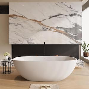 67 in. Stone Resin Flatbottom Solid Surface Freestanding Double Slipper Soaking Bathtub in White with Brass Drain