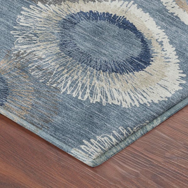 Mayfield Premium Machine Washable Abstract AMF2278 Denim 8 ft. x 8 ft. Round Rug
