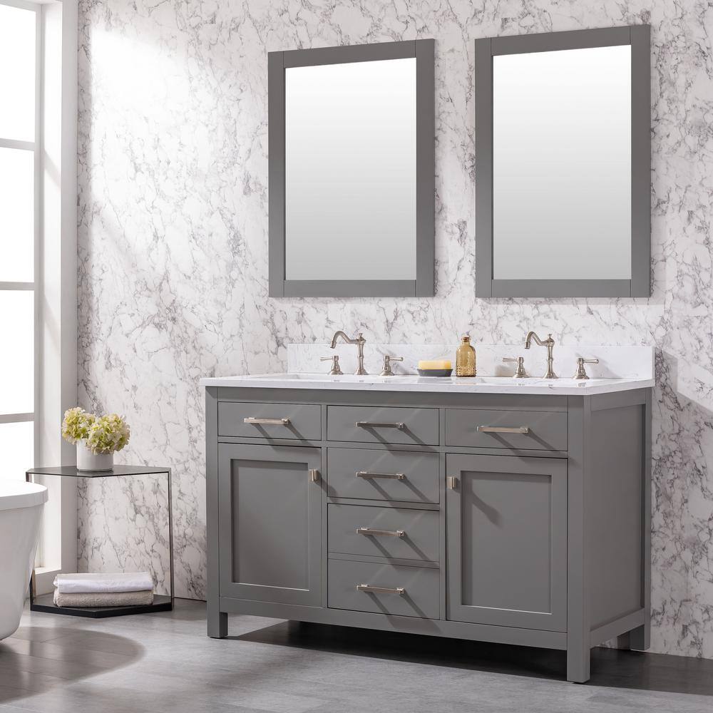 Gray and White 54'' Double Freestanding Bathroom Vanity with Engineered Stone Top