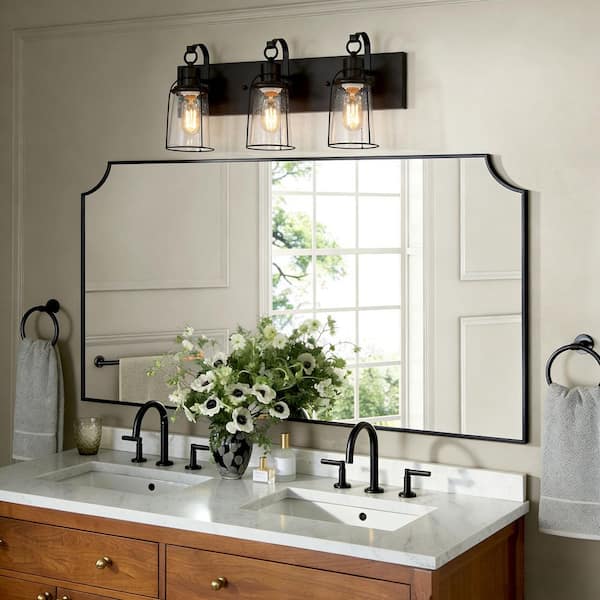 Farmhouse Rustic Oil-Rubbed Bronze Vanity Light, 22 in. 3-Light Cage Bathroom Wall Sconce with Seeded Glass Shades