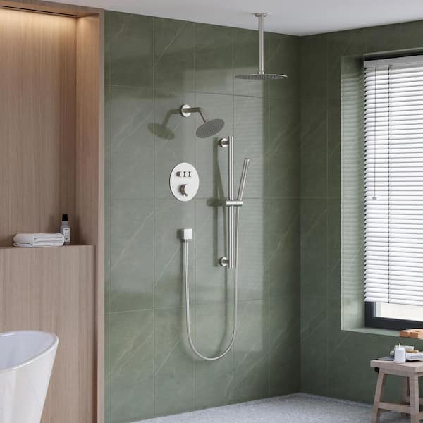 3-Function Round Ceiling Mount 10 in. and 6 in. Dual Shower Faucet System Sliding Bar in Brushed Nickel Valve Included