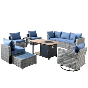 Sanibel Gray 10-Piece Wicker Patio Conversation Sofa Set with a Swivel Chair, a Storage Fire Pit and Denim Blue Cushions