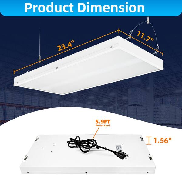 Honbei 2FT. 500-Watt Equivalent Integrated LED White High Bay Shop Light, 5000K Linear Hanging Light for Warehouse, ETL 2 Pack