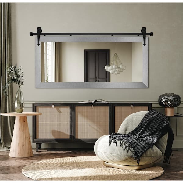 (66 in. W x 33 in. H) Dark Silver Modern Rustic Mirror with Steel Barn Door Rail
