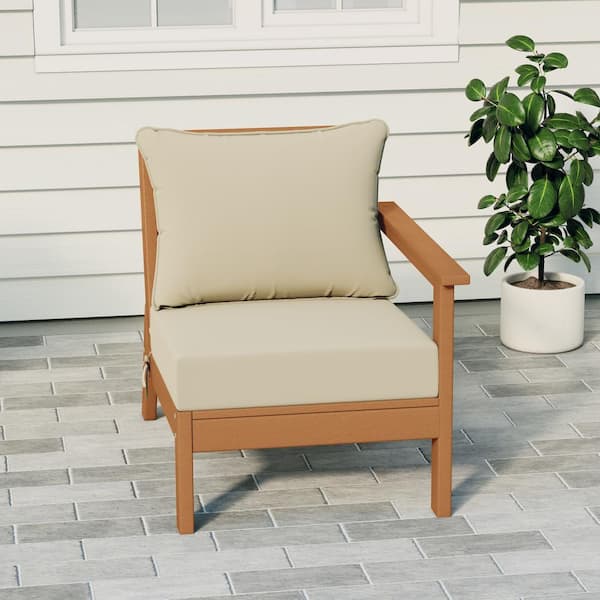 Birchwood Outdoor Patio Deep Seating Right Facing Arm HDPE Lounge Chair in Teak with Beige Cushions