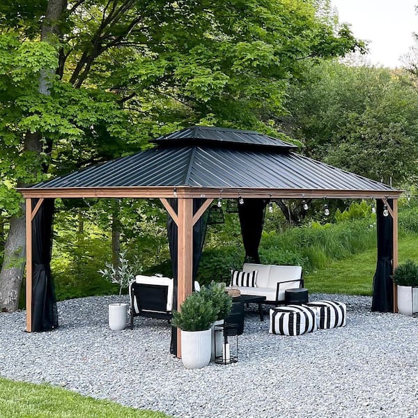 10 ft. x 14 ft.Wood Grain Aluminum Power-Coated Frame Galvanized Steel Double Roof Hardtop Gazebo,Hooks,Upgrade Netting