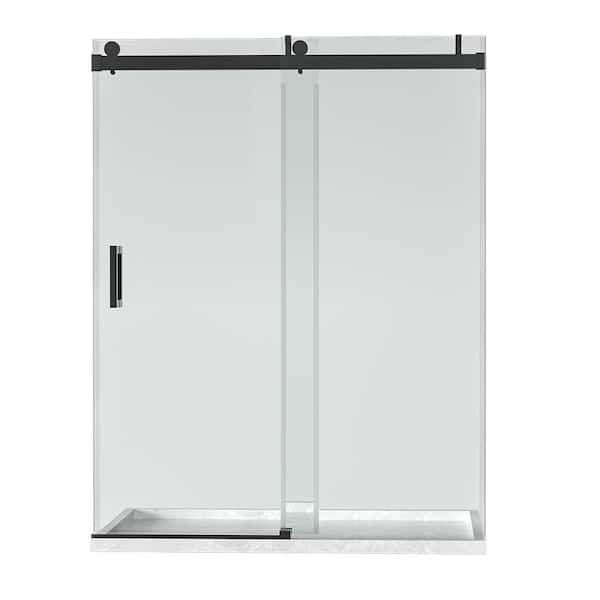 EPOWP 72 in. W x 76 in. H Single Sliding Frameless Shower Door in Matte Black Finish with Clear Glass
